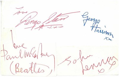 Lot 329 - A Genuine Set of Beatles Autographs, pen signatures of all four Beatles, three in red, George...