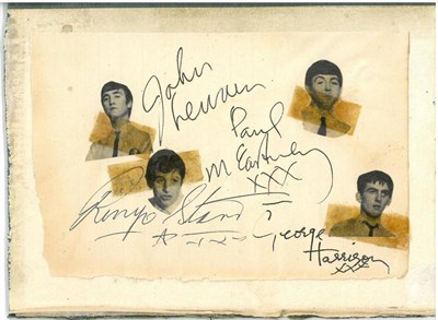 Lot 330 - An Original Set of Beatles Autographs, pen signatures on a page, with portraits of The Beatles...