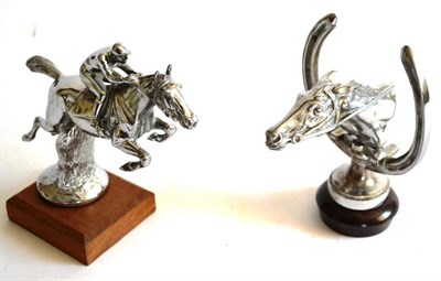 Lot 335 - A Chromium Plated Horse and Jockey Car Mascot, on a wooden base, together with a horses head within