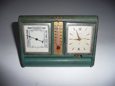 Lot 1283 - A Compendium Desk Timepiece, signed Jaeger LeCoultre, circa 1960, green leather case with...