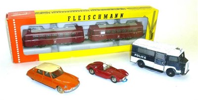 Lot 25 - A Boxed Fleischmann 'HO' Gauge Railbus Set 4400, together with Three French Dinky Vehicles -...