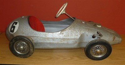 Lot 48 - Two Tinplate Pedal Cars, one as a silver racing car with spoked wheels, the other as a red...