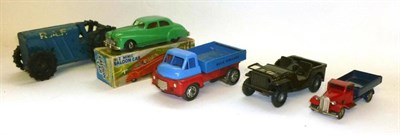 Lot 52 - Four Clockwork Tinplate Vehicles - Tri-ang RAF Tractor, Tri-ang Jeep, Tri-ang Minic Open Wagon...