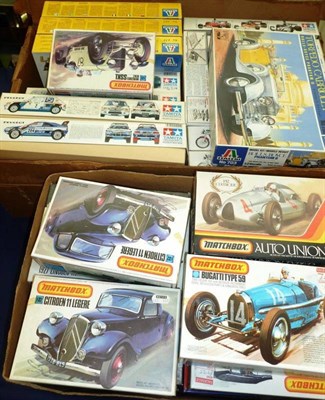 Lot 59 - Thirty Boxed Plastic Model Kits of Cars and Motorcycles, makers include Matchbox, Airfix, Lindberg