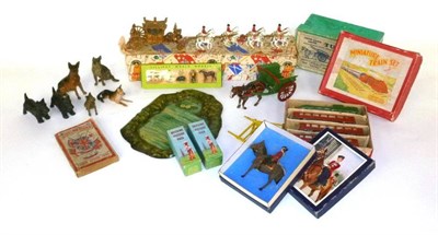 Lot 91 - Mixed Lead and Other Figures, including Britains boxed Tumbrel, Britains tinplate Pond,...