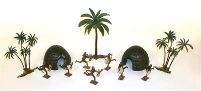 Lot 94 - Britains Lead Zulu Kraal Set, comprising two huts, three trees and seven Zulus