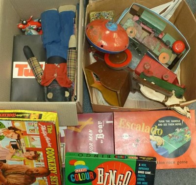 Lot 159 - A Large Collection of Toys and Games, including Triang wooden train, small pond yacht, wooden horse