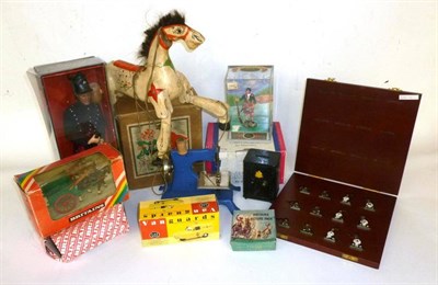 Lot 165 - Mixed Toys, including a wooden Muffin the Mule puppet, Sharpes figure, trade box of Britains Goats