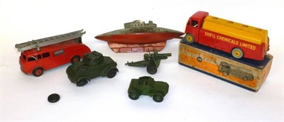 Lot 179 - Mixed Toys, comprising a boxed Dinky AEC Shell Tanker No.591, four unboxed diecast vehicles, a...