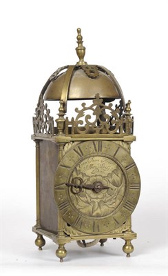 Lot 1304 - A 17th Century Brass Striking Lantern Clock, 6-inch Roman chapter ring, dial plate engraved...