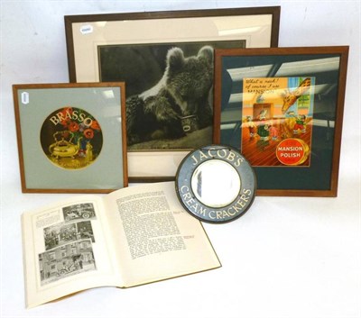 Lot 232 - Advertising Material, comprising a Jacobs Cream Crackers mirror, framed adverts for Mansion Polish