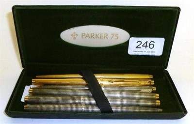 Lot 246 - Three Parker '75' Pen and Propelling Pencil Sets, comprising a rolled gold set and two sterling...