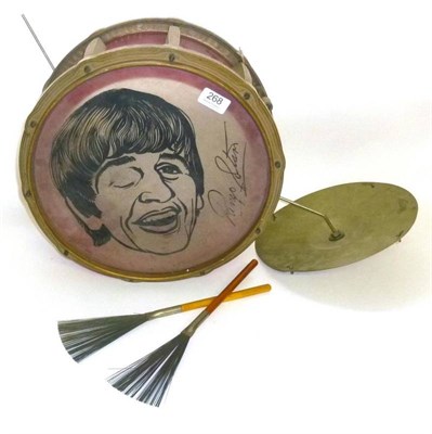 Lot 268 - A Ringo Starr Toy Snare Drum by Selcol, with cymbal on stand and two brushes, circa 1964