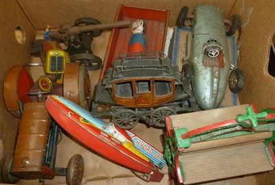 Lot 45 - A Collection of Tinplate and Cast Iron Toys, comprising a Mettoy tractor with driver, Lion...