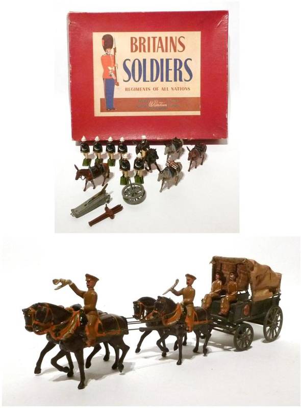 Lot 76 - A Boxed Britains Post War Lead Mountain Artillery Set No.28, containing four mules, field gun,...