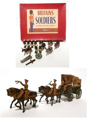 Lot 76 - A Boxed Britains Post War Lead Mountain Artillery Set No.28, containing four mules, field gun,...
