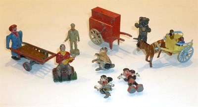 Lot 93 - Lead Figures - Salco Mickey & Minnie Barrel Organ, Taylor & Barrett Donkey Cart, Togga Ramp...