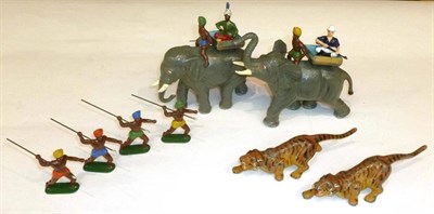 Lot 99 - A Timpo Lead Tiger Hunt Set, comprising two elephants, howdahs, two riders, two tigers, two...