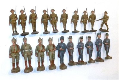 Lot 101 - Twenty Elastolin Soldiers, comprising ten 100mm German figures and ten 70mm English marching...