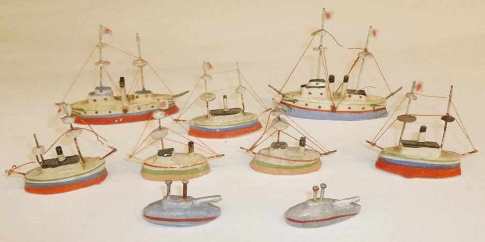 Lot 102 - A Set of Nine Trico Composition Japanese Fleet Warships, hand painted figures, with rigging