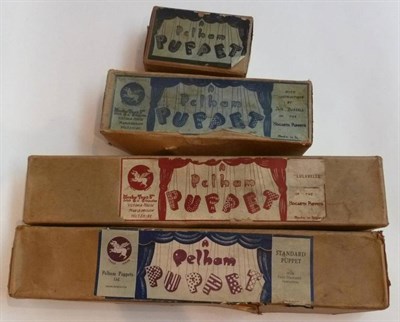 Lot 147 - Four Early Boxed Pelham Puppets - Skeleton, Lulabelle, SS Girl and Caterpillar, in brown card boxes