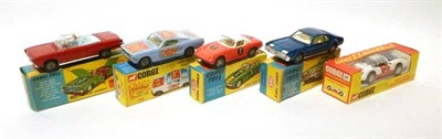 Lot 194 - Five Boxed Corgi Cars:- Lotus Elan Coupe No.319, with red body and white roof, racing number...