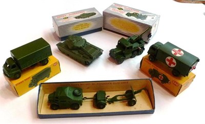 Lot 199 - Five Boxed Dinky Military Vehicles - 25 Pounder Field Gun Set No.697, Recovery Tractor No.661,...