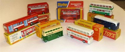 Lot 203 - Seven Boxed Dinky Buses - B.O.A.C. Autocar Autobus No.283, Schweppes Routemaster Bus No.289,...