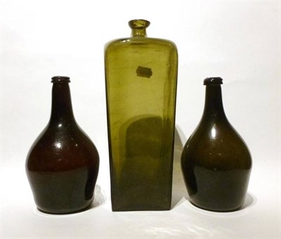 Lot 227 - A 19th Century Hand Blown Green Glass Gin Flask, together with Two 19th Century Bladder Shaped Wine