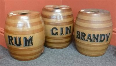 Lot 234 - Three Salt Glazed Stoneware Spirit Barrels - Gin, Brandy and Rum, with two-tone strapwork...