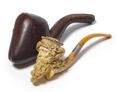 Lot 248 - A Large Finely Carved Meerschaum Pipe in the Form of Bacchus, with flowing beard and hair, vine...