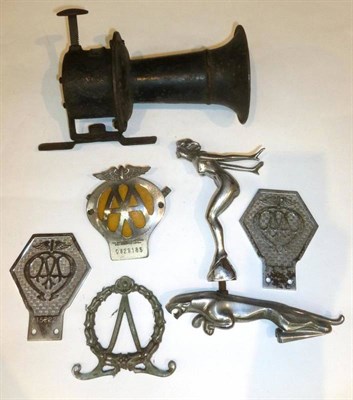 Lot 284 - Mixed Automobilia, comprising a chrome Speed Nymph car mascot, Jaguar car mascot, air horn and...