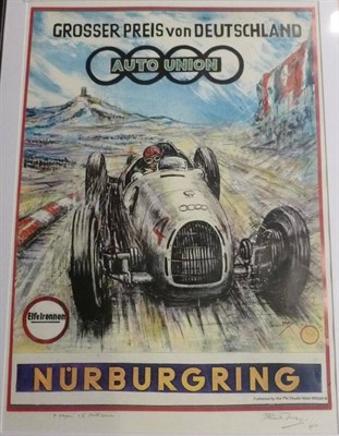 Lot 287 - Phil May - 'Auto-Union Grosser Preis von Deutschland Nurburgring', poster study, signed and...