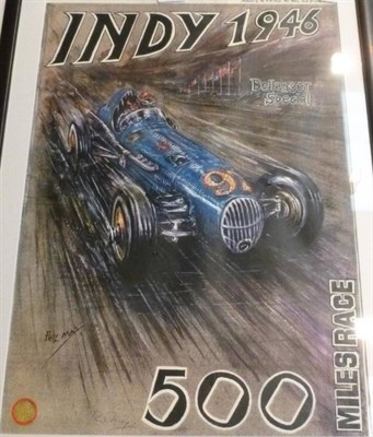 Lot 289 - Phil May - 'Indy 1946 Bellanger Special 500 Miles Race', poster study, signed to the margin, framed