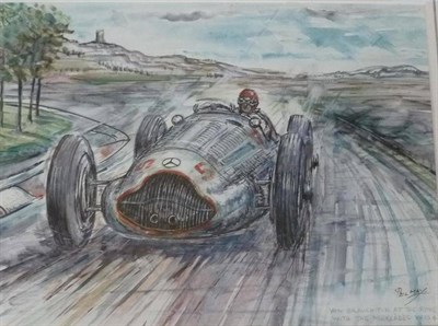 Lot 290 - Phil May - 'Von Brauchitch at the Ring with the Mercedes W154', original pen and wash study, framed