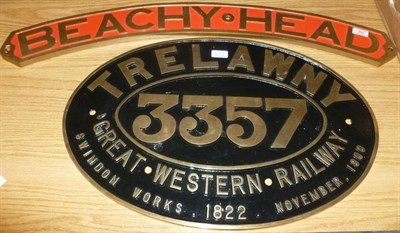 Lot 297 - Two Reproduction Cast Brass Locomotive Name Plates - Beachy Head and Trelawny No.3357