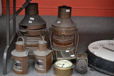 Lot 301 - Shipping and Other Collectables, comprising four brass ships lamps, two carriage lamps, Smiths...