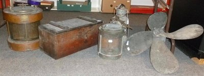 Lot 303 - Shipping Memorabilia, comprising a cast alloy propeller, a box of marine engine parts in pine...