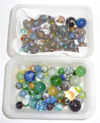 Lot 1138 - A Collection of Vintage Glass Marbles, including 19th century hand blown multi-swirls, blue...