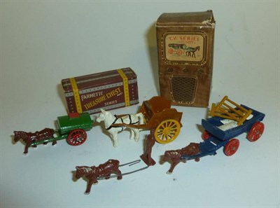 Lot 1166 - Five Miniature Horse-Drawn Vehicles, including a boxed Benbros Log Cart, boxed Moko Farmette...