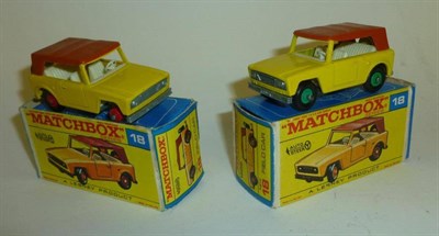 Lot 1176 - A Boxed Matchbox 1-75 Series Field Car No.18, with yellow body, brown plastic roof and green...