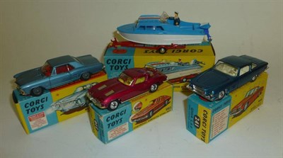 Lot 1185 - Three Boxed Corgi Cars - Ghia L.6.4 No.241, with metallic blue body, Chevrolet Corvette Sting...