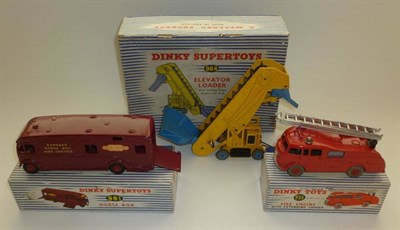 Lot 1213 - Three Boxed Dinky Commercial Vehicles - Horse Box No.981, Fire Engine No.955 and Elevator...