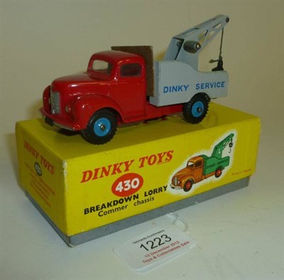 Lot 1223 - A Boxed Dinky Breakdown Lorry No.430, with glazed red cab and chassis, grey back with blue...