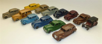 Lot 1224 - Eleven Dinky Saloon Cars - Ford Sedan in yellow, Vanguard in fawn, Austin Devon in maroon,...