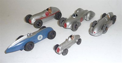 Lot 1226 - Five Early Dinky Racing Cars, comprising Auto Union, Mercedes Benz, Speed of the Wind, No.4...