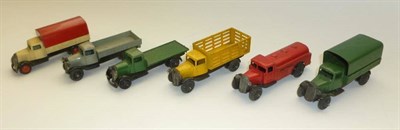 Lot 1227 - Six Post War Dinky 25 Series Commercial Vehicles, including Petrol Tank Wagon, Market Gardeners...