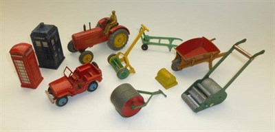 Lot 1229 - Dinky Farm, Garden and Novelty Items, including Massey Harris Tractor, Jeep, Wheel Barrow,...