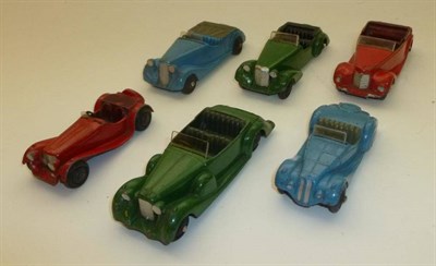 Lot 1232 - Six Dinky Open Topped Sports Cars - Frazer Nash in light blue, Armstrong Siddeley in red, Jaguar in