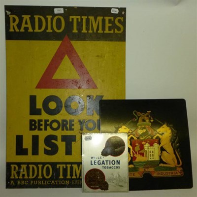 Lot 1243 - A Radio Times 'Look Before You Listen' Tin Advertising Sign, with black lettering and red...